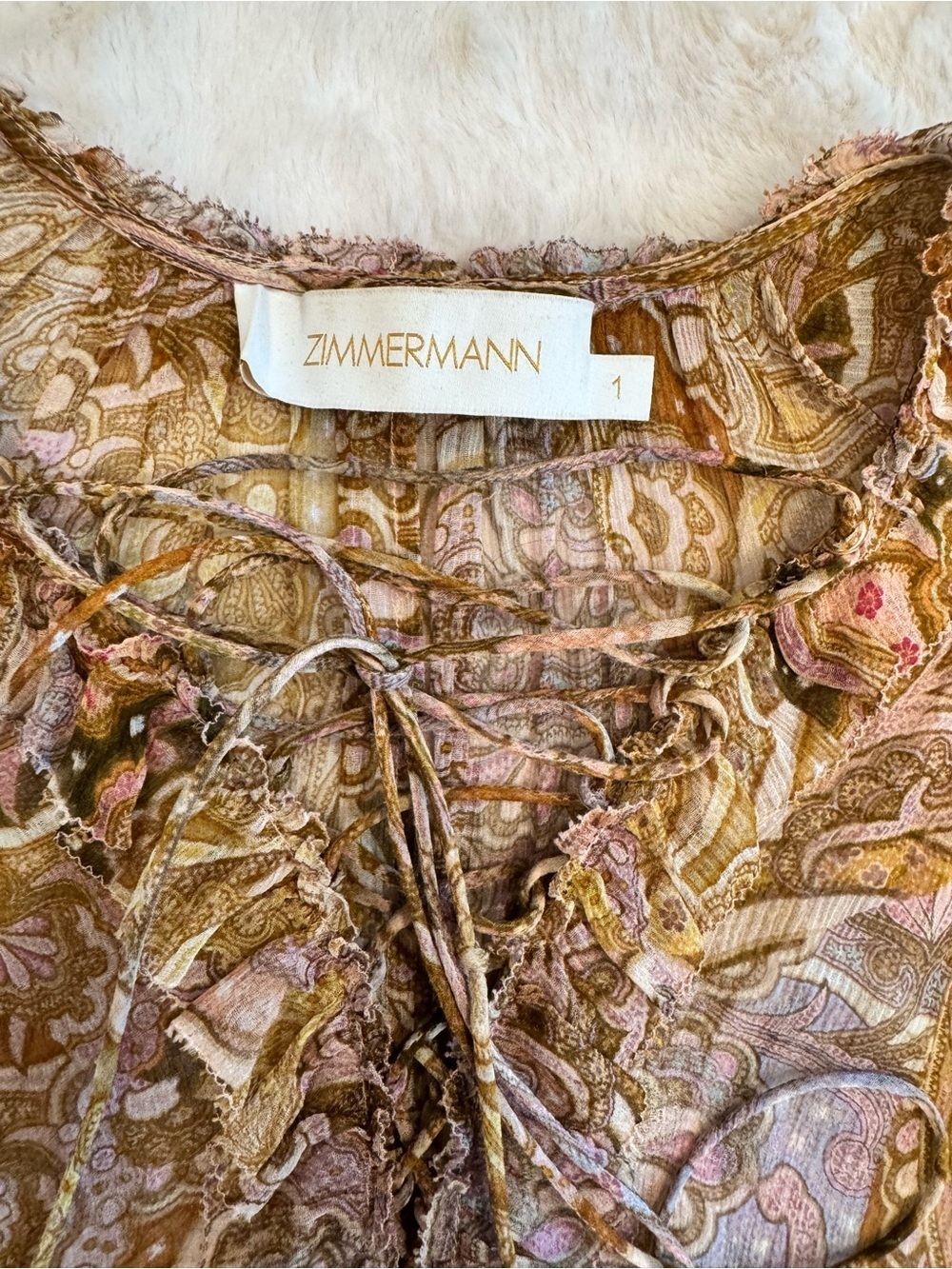 NWOT Zimmermann AU 1/ US Small Paisley Lace-Up Ruffle Blouse in Gold and blues - Picture 11 of 15